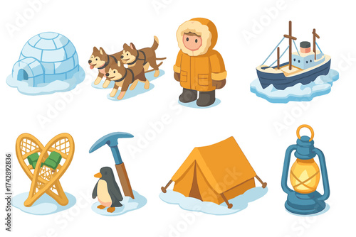 Winter adventure icon set. arctic, camping, snowshoeing 3d icons collection