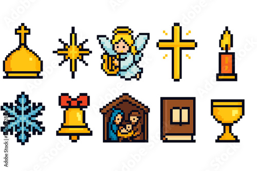 Christmas, holiday pixel icon set. festive, religious pixel art icons collection.
