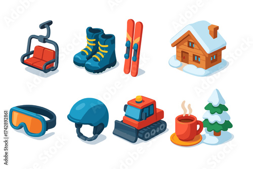 Winter sports 3d icon set. skiing, gear, and holiday icons in vibrant 3d collection.