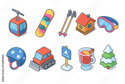 Winter sports 3d icon set. skiing, snowboarding, holiday, equipment collection