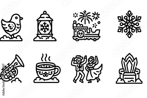 Winter and holiday outline icon set. festive, seasonal outline icons collection