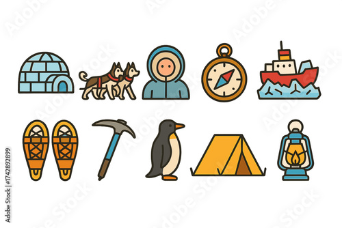 Adventure, exploration flat icon set. camping, arctic expedition icons flat collection