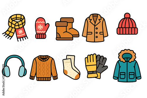 Winter clothing flat icon set. warm apparel and accessories flat collection