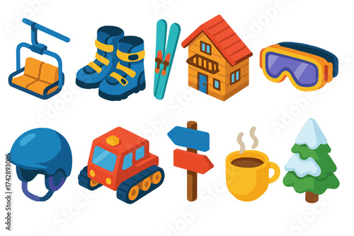 Winter sports 3d icon set: skiing, snowboarding, chalet cozy collection