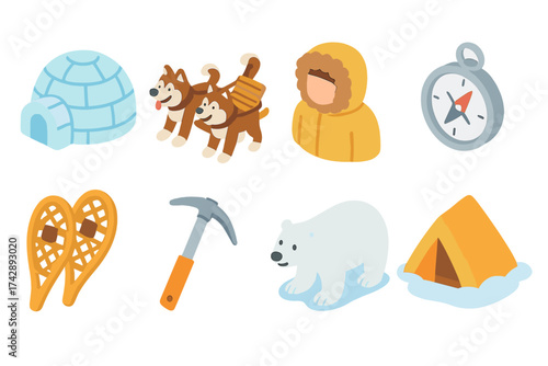 Arctic exploration icon set. winter, adventure, travel icons in flat style