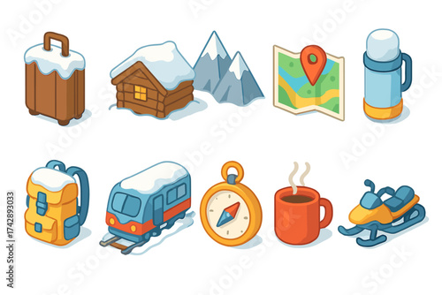 Winter travel, tourism 3d icon set. adventure and vacation symbols collection