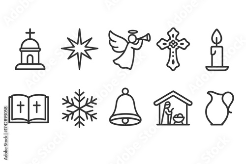 Christmas, holiday linear icon set. festive season, nativity, celebration line icons