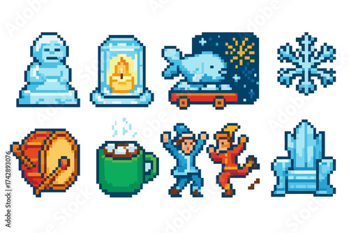 Winter celebration icon set in pixel art style. seasonal pixelated icons collection
