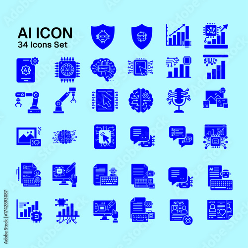 This collection includes 34 modern AI-themed vector icons in a flat, minimalist style. The set features elements related to artificial intelligence, machine learning, automation, chatbots, analytics, 
