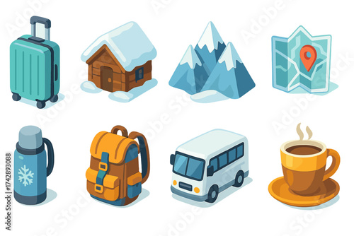 Transportation and travel icon set. 3d collection of vacation and adventure icons