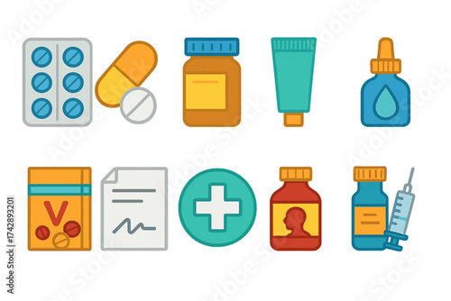 Pharmacy and medicine flat icon set. prescription, healthcare, and drug icons collection