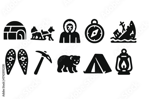 Adventure, outdoor silhouette icon set. camping, hiking, exploration silhouette symbols