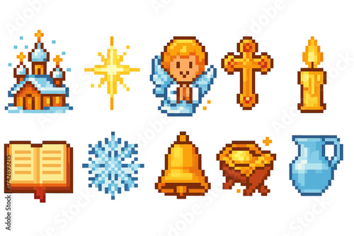 Christmas, holiday pixel icon set. festive, winter seasonal icons outline collection