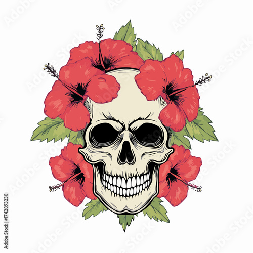 A creative and detailed vector illustration of a human skull beautifully adorned with blooming red hibiscus flowers and green leaves, symbolizing life and death