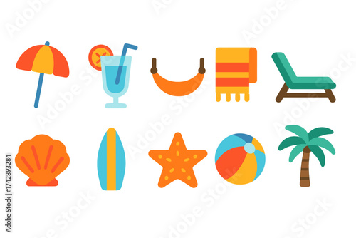 Summer vacation flat icon set. relax, beach, and leisure icons collection