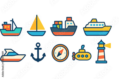 Maritime, nautical flat icon set. boats, ocean, sea, marine symbols collection
