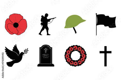Symbolic collection of remembrance and military icons, including poppies, a soldier, helmet, flag, dove, tombstone, wreath, and cross isolated on transparent background