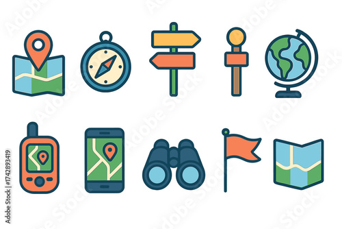 Navigation and travel flat icon set. compass, map, gps, globe and more.