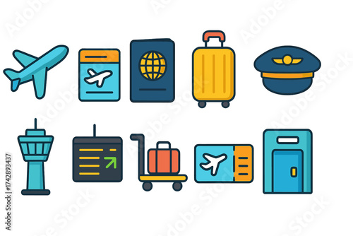 Travel and aviation flat icon set. airplane, passport, luggage flat style illustrations