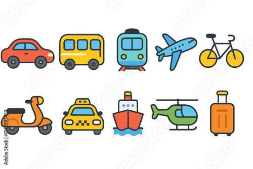 Transportation, travel outline icon set. vehicles and travel essentials linear icons