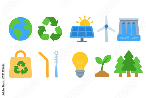 Eco-friendly energy glowing icon set. solar, recycling, wind glowing collection