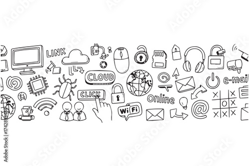 A collection of handdrawn icons representing technology and internet concepts, isolated on a transparent background