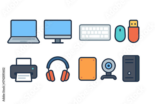 Computer and tech device icon set. electronic gadgets line icons collection