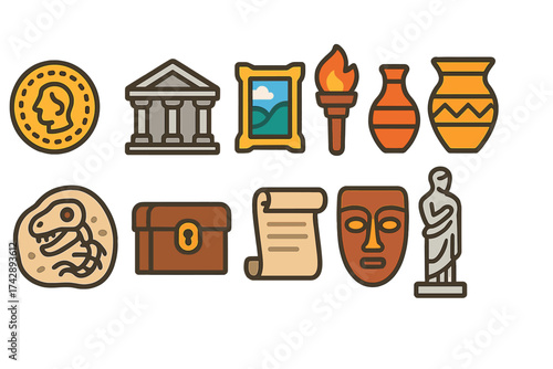 Museum and archaeology filled icon set. culture, history icons for education.