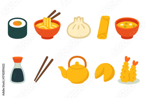 Asian cuisine icon set: sushi, dim sum, ramen & fortune cookies in flat style