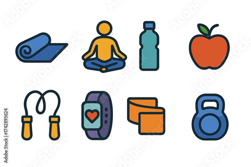 Fitness and health line icon set. yoga, nutrition, wellness, gym, exercise collection