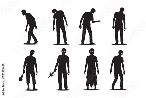Collection of black silhouette zombie figures in various poses, isolated on transparent background