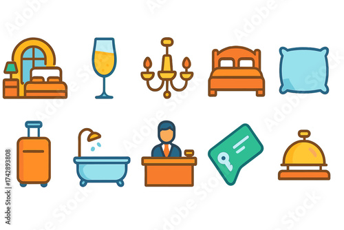 Hospitality and hotel flat icon set. concierge, accommodation, luggage flat icons collection