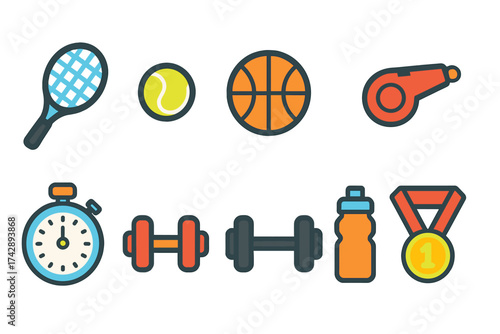 Sports and fitness flat icon set. athletic, exercise, gym icons flat collection