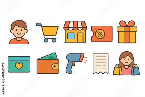 Shopping and retail icon set: colorful outline style for e-commerce and store themes