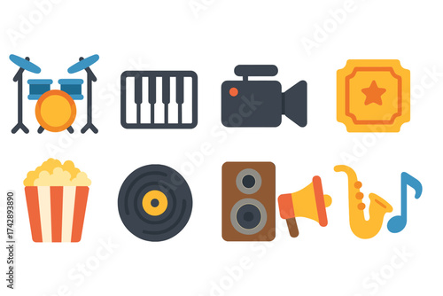 Music and entertainment glowing icon set. instruments, multimedia flat icons collection.