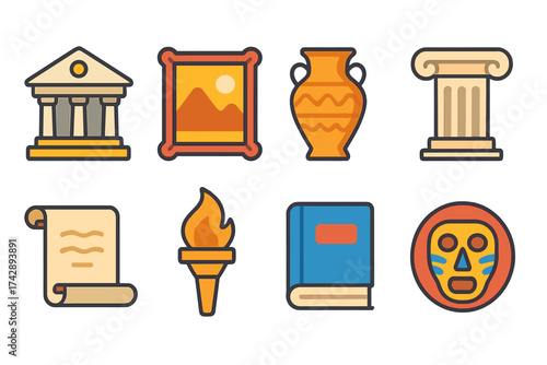 Ancient history, archaeology flat icon set. artifacts, museum icons collection.