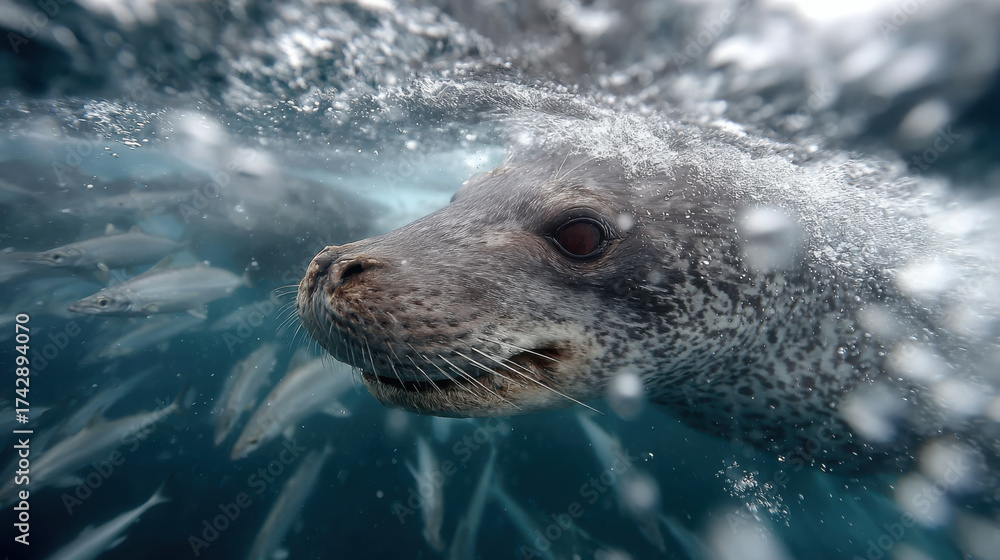 Obraz premium Curious seal swimming underwater with shoal of fish in clear ocean waters captured in dynamic motion perspective