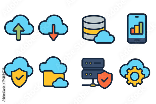 Cloud computing flat icon set. networking, data storage icons in flat style.