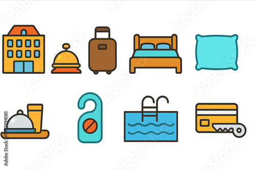 Hotel and hospitality icon set. flat style icons for booking and travel services