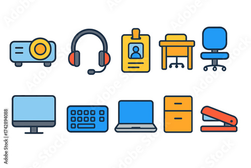 Office equipment solid icon set. essential work tools icons for efficient workspaces