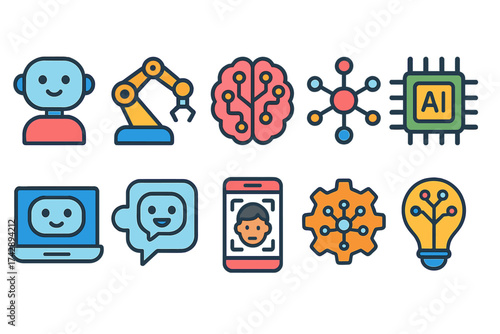 Artificial intelligence icon set. ai technologies, robotics, machine learning flat icons