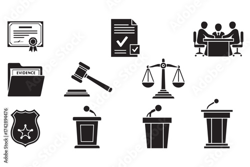 Collection of legal and justice icons including a gavel, scales of justice, and a judges bench, isolated on transparent background