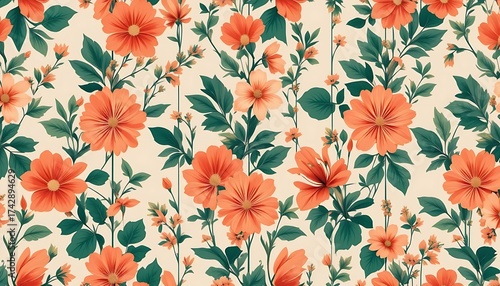 Vibrant Orange Floral Pattern Seamless Background.