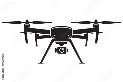 Black silhouette of a drone with a camera, isolated on transparent background