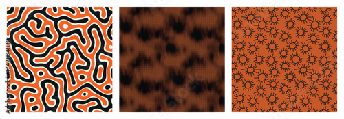 Vector seamless patterns set. Modern stylish prints in orange and black colours. Repeating abstract tileable autumn backgrounds. Compound organic swatches. Trendy surface design.