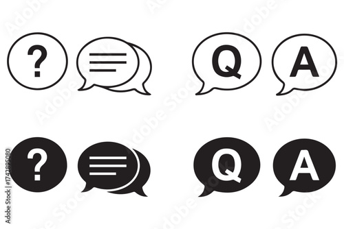 A graphic design featuring question and answer speech bubbles in both outlined and solid black versions, representing communication and dialogue isolated on transparent background