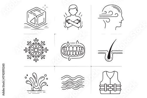 Set of handdrawn icons representing various concepts like cold, heat, water, and health, isolated on a transparent background for design use
