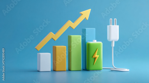 3d illustration of increasing bar graph with green battery and power plug representing energy growth and sustainable power consumption trends