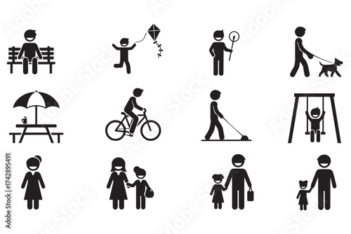Collection of black silhouette icons depicting various family and outdoor activities, isolated on transparent background
