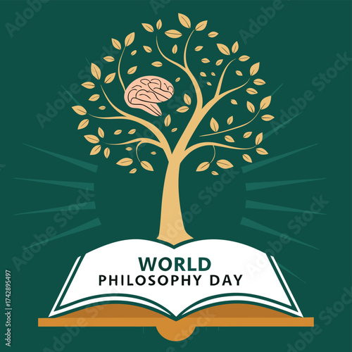 Stylized illustration of a tree with a brain in its branches growing from an open book with text philosophy